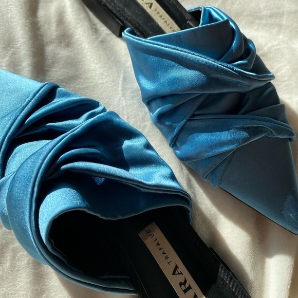 ZARA Trafaluc Teal Blue Satin Pointed Toe Mules – Ruched Slip-On Heels - Picture 3 of 10